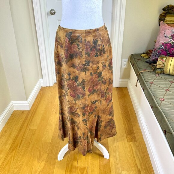 Irka Suede Skirt Maxi Midi Vintage Brown Pink Green Multi Floral (6) - Picture 1 of 7